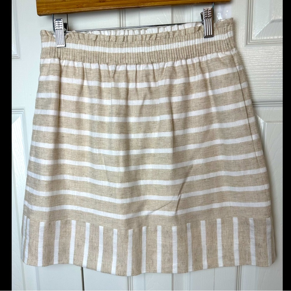 J.CREW Linen Sidewalk Skirt Ivory Tan Cotton Striped Pockets Pull On Lined knit